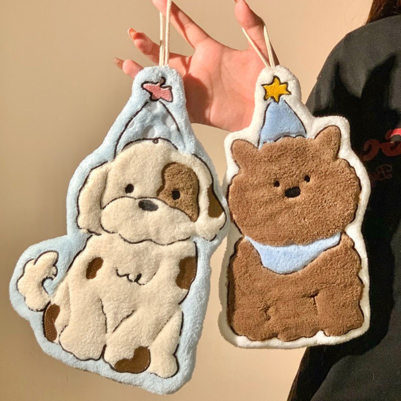 可爱小狗擦手巾挂式超强吸水速干加厚珊瑚绒O卫生间洗手帕厨房抹