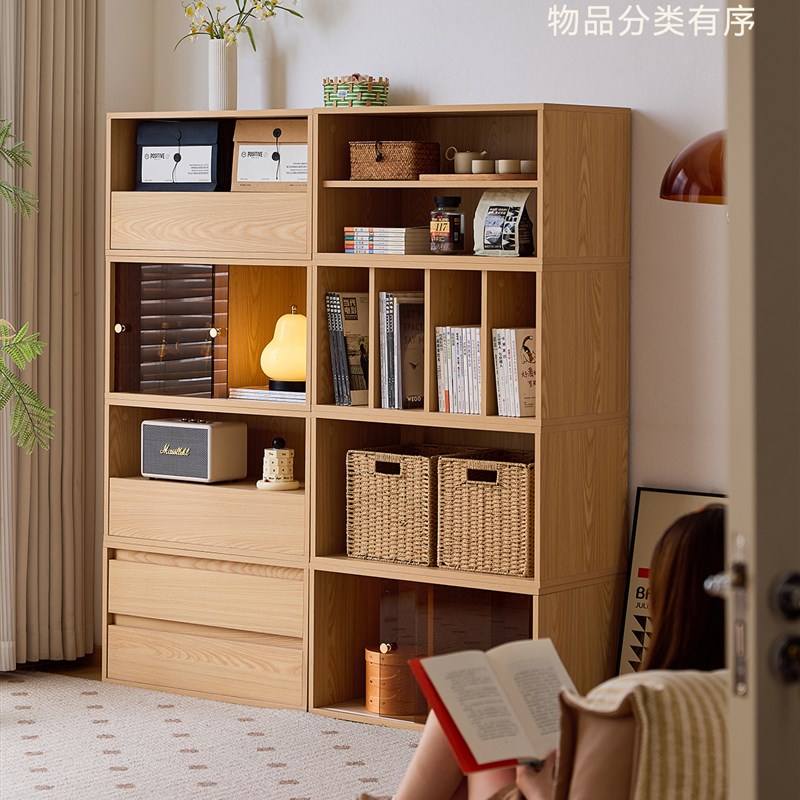 懒生活书架落地置物架日式实木书柜客厅家庭阅读S区布置半墙组合