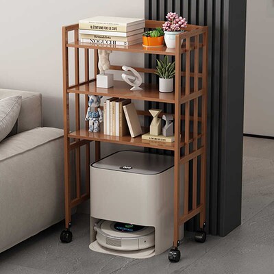 扫地机器人落地多层置物架带轮子收纳架拖地机架实木家用客厅边几