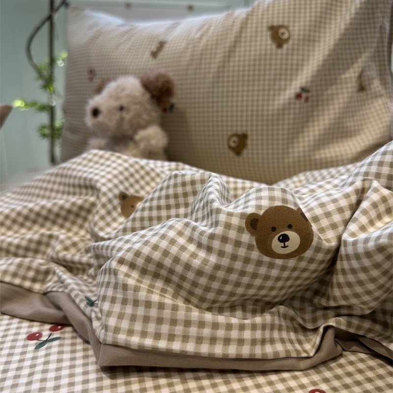 卡通咖色樱桃熊格子夏凉被四件套夏天薄被单双人空调被可机洗水洗