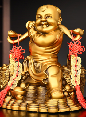 纯铜运财童子摆件挑财送财童子善财童子家居办公室收银台桌面装饰