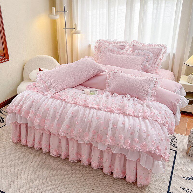 A类花边被套床裙四件套双层蕾丝夹棉加厚床罩套韩式浪漫床上4件套