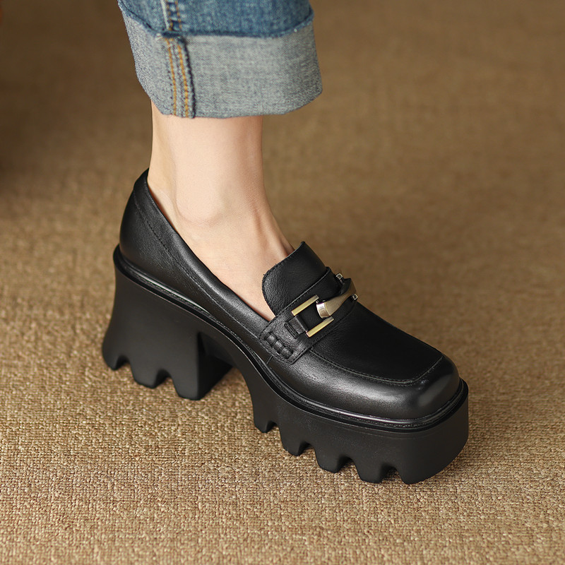 2023春季新款真皮厚底金属扣小皮鞋女粗K跟防水台圆头高跟懒人单
