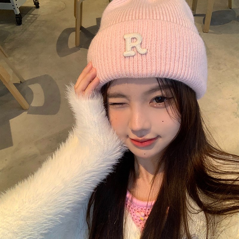 R标字母百搭b入毛线帽子女冬季纯色针织护耳保暖冷帽Y套头帽男朝