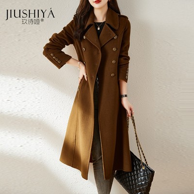 白色双面羊绒大衣女2021冬气质中长款高端羊毛R双排扣修身毛呢外