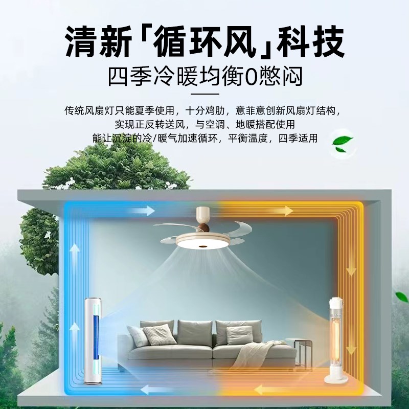 意菲意布丁奶油风隐形风扇灯餐厅新款客厅卧室大风力电吊扇灯