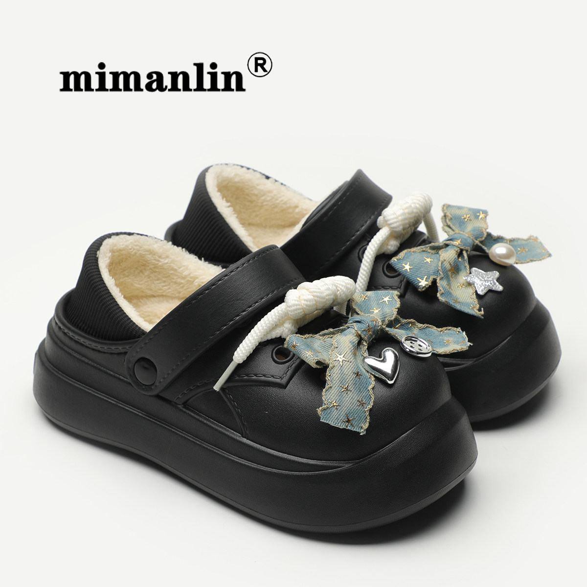 蝴蝶结黑色加绒洞洞鞋女2024新款秋冬防水防滑包跟棉拖鞋外穿棉鞋