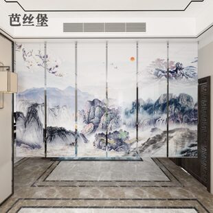 办公室装 卷帘窗帘升降悬挂帘子软隔断屏风客厅新中式 饰山水画遮光