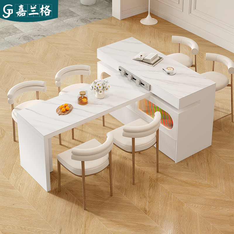 法式奶油风旋转伸缩岛台餐桌一体厨房餐厅岩板料理吧台柜隔断柜子