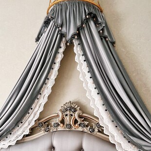 轻奢床幔床帘简约波浪丝绒蕾丝双层高钉珠浅灰帷幔遮光公主风装饰