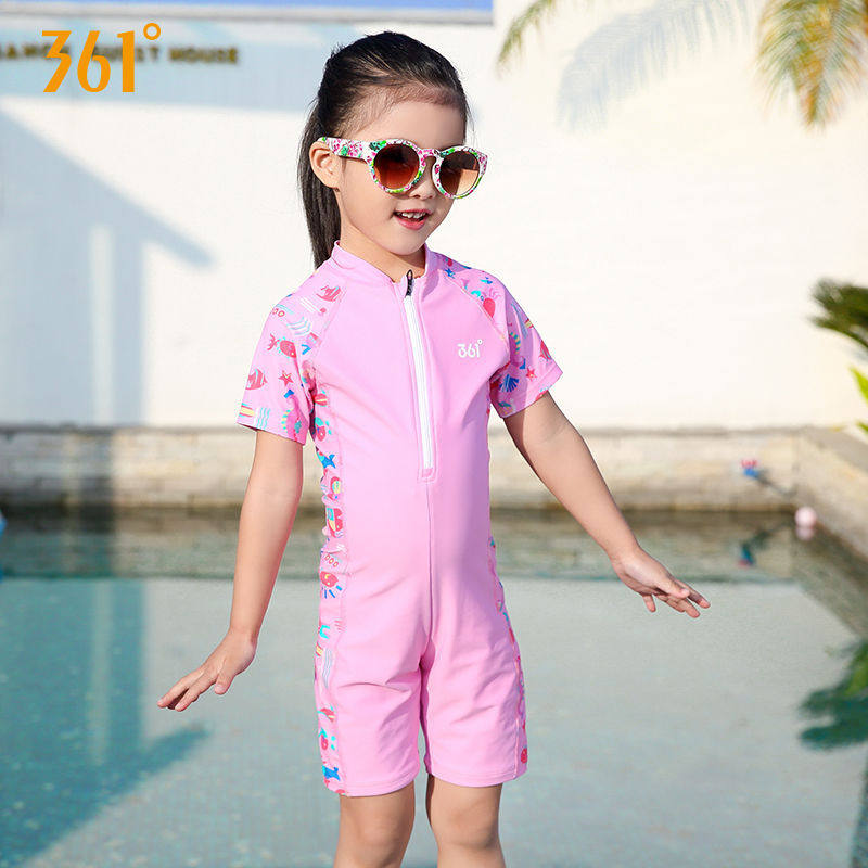 361女童连体平角泳衣小中童拉链透气速干拼色印花儿童短袖游泳装