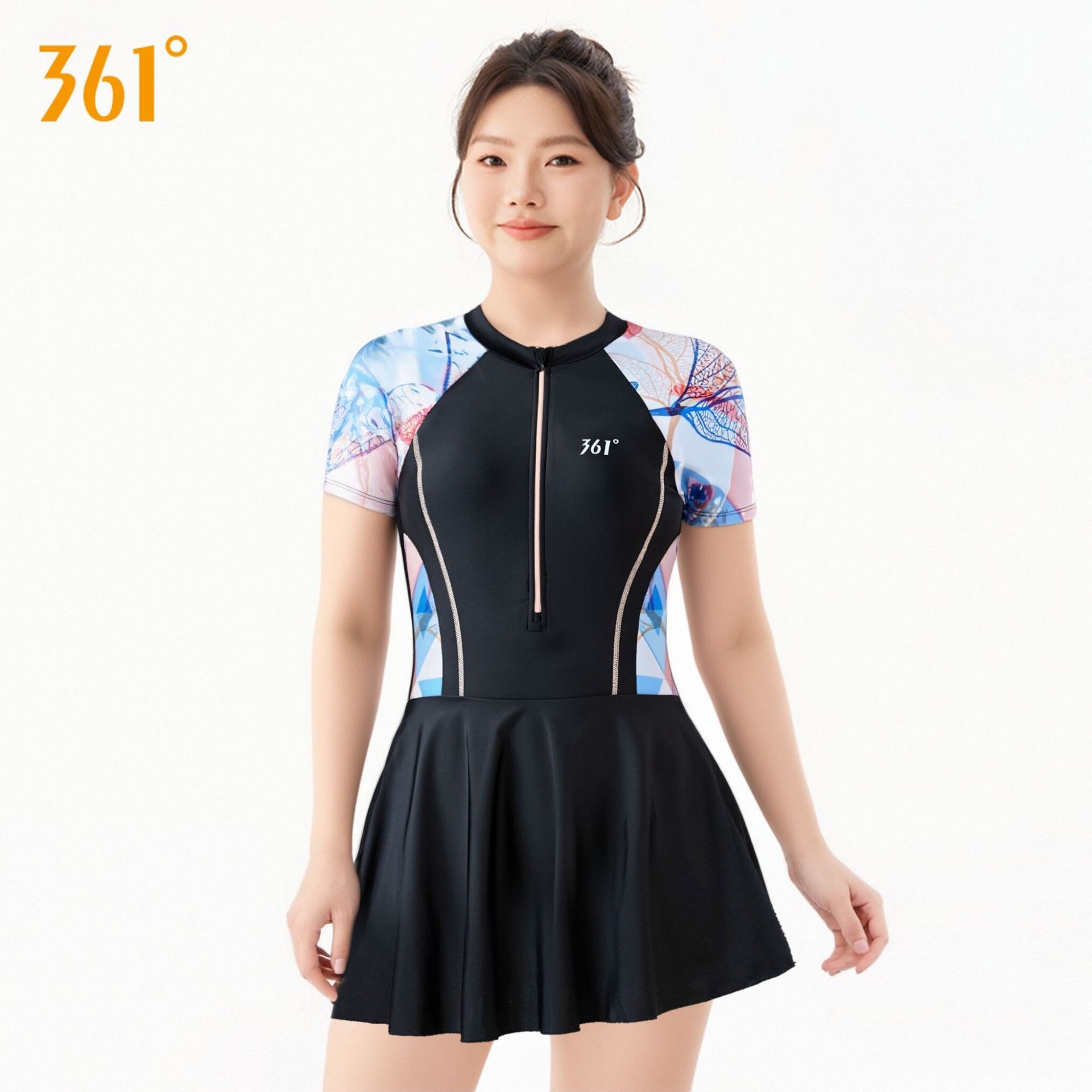 361°女半拉链速干裙式连体泳衣