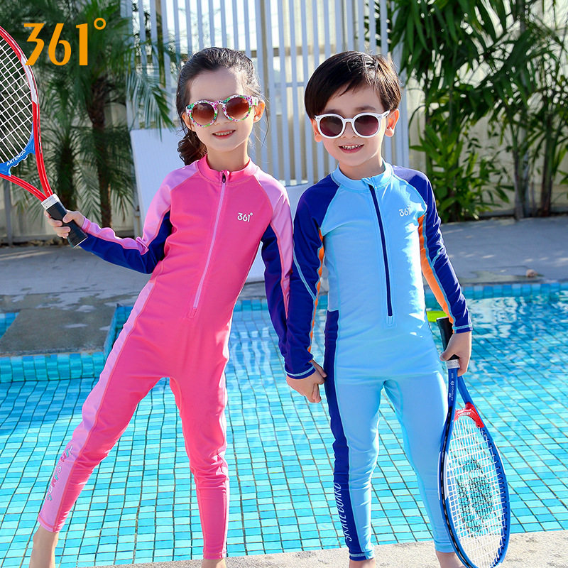 361°儿童长袖连体泳衣男女童防晒速干游泳服拉链长裤中大童泳装