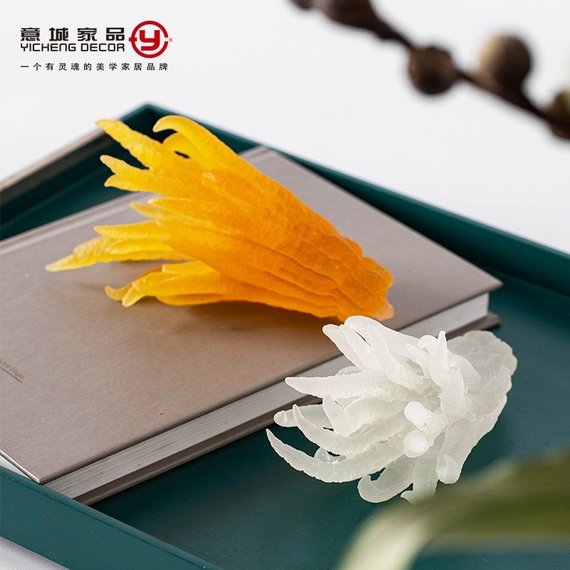 新中式白色黄色磨砂水琉璃佛手摆件 样板房售楼处书房桌面装饰品