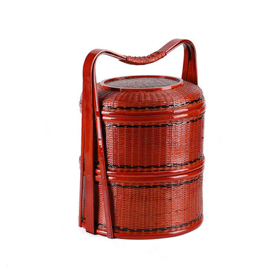 竹编提篮手工复古食盒多层送餐篮果篮收纳筐野餐篮红色婚庆篮道具