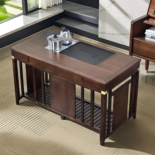 朴房茶台茶桌诧寂风胡桃色实木家用阳台休闲区小茶桌书桌两用厚重