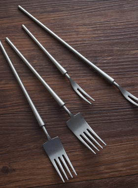 西餐具刀叉勺复古做旧银灰色意面餐叉套装筷子甜品调羹304不锈钢