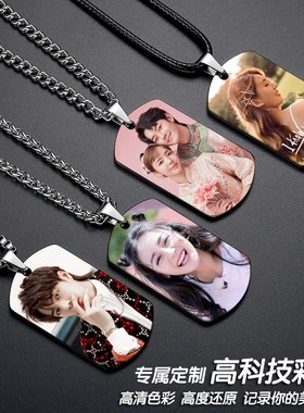 定制彩色照片方牌项链男士潮牌钛钢吊坠情侣身份牌挂坠配饰品刻字