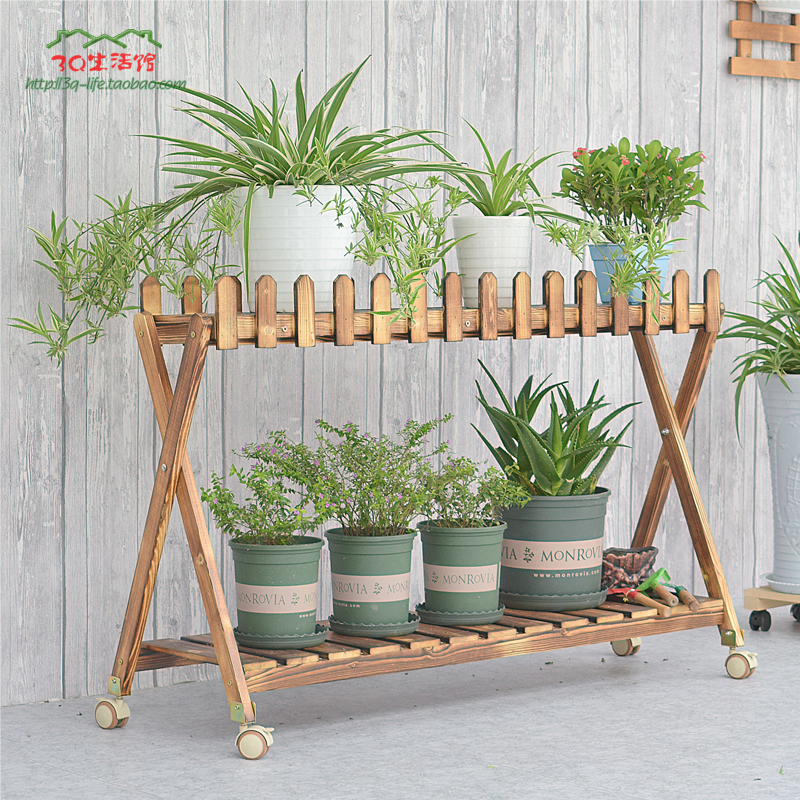 复古可移动阳台花架子带万向轮实木质防腐多层栅栏多肉吊兰植物架