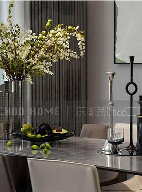 现代轻奢风餐桌摆件样板房餐厅摆设金属花器花艺镜面托盘烛台组合