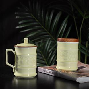 【竹君套装】黄釉青釉茶杯茶叶罐礼盒包装盒带把送礼办公室用有盖