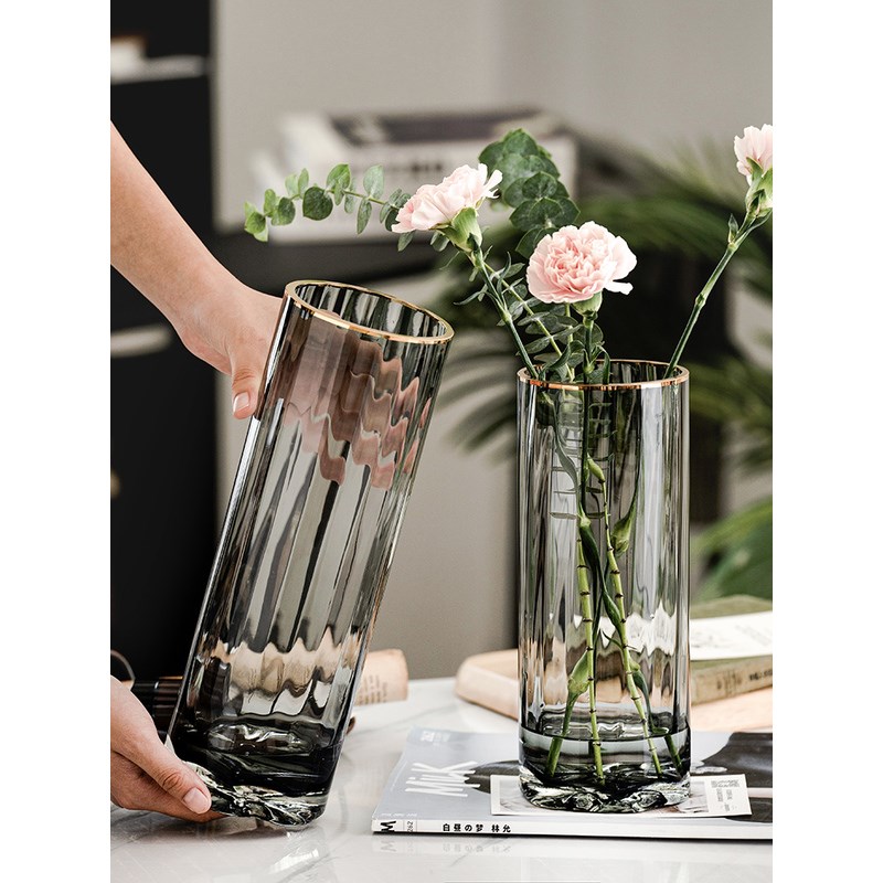 轻奢描金透明玻璃花瓶干花客厅花器摆件装饰创意简U约北欧水养插