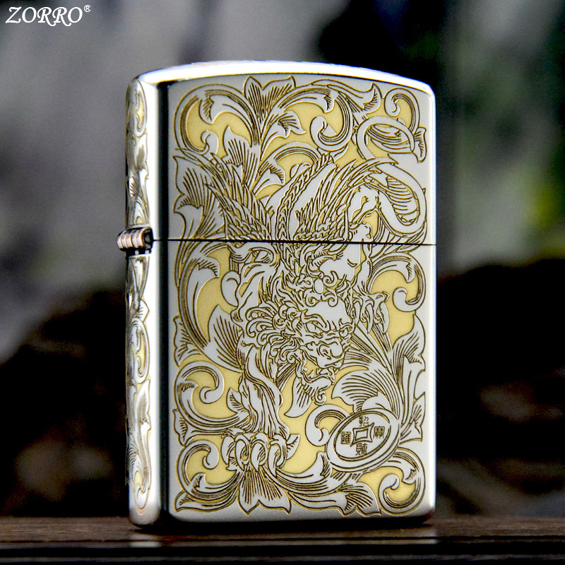 ZORRO佐罗正品镀铬双色唐草貔貅煤油打火机精雕代发批发火焰