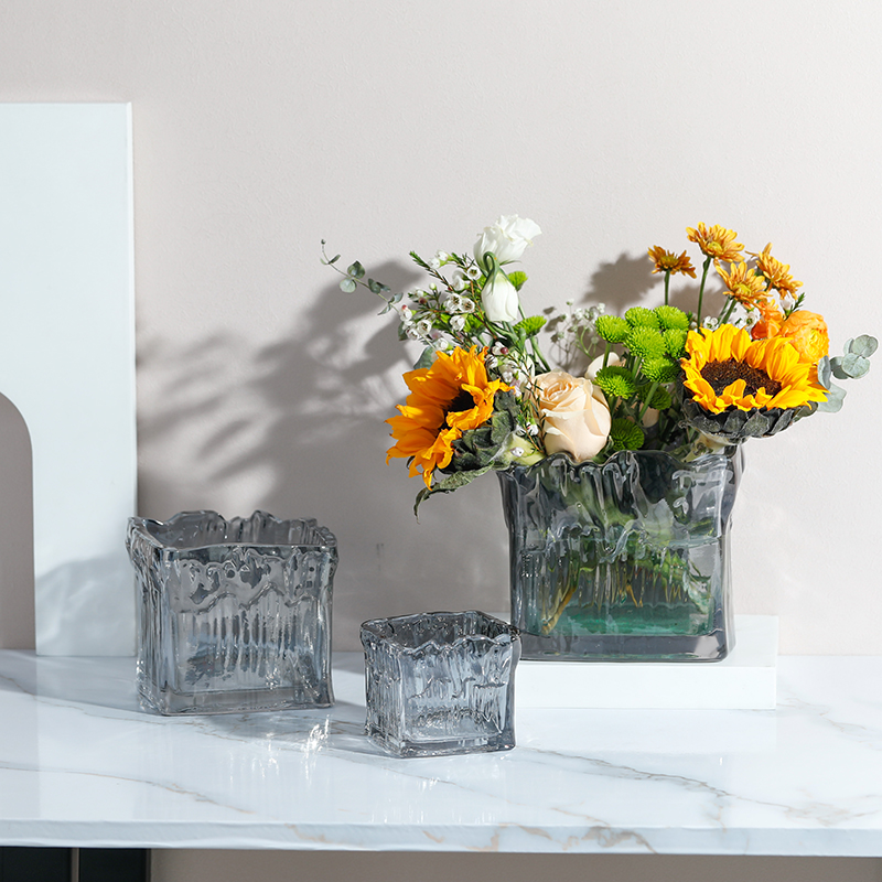 冰川纹方缸创意i正方形水培绿植物铜钱草花盆白掌绿萝水养玻璃花