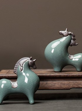 哥窑陶瓷唐马摆件客厅玄关酒柜办公桌面装饰品招财动物生肖马摆设