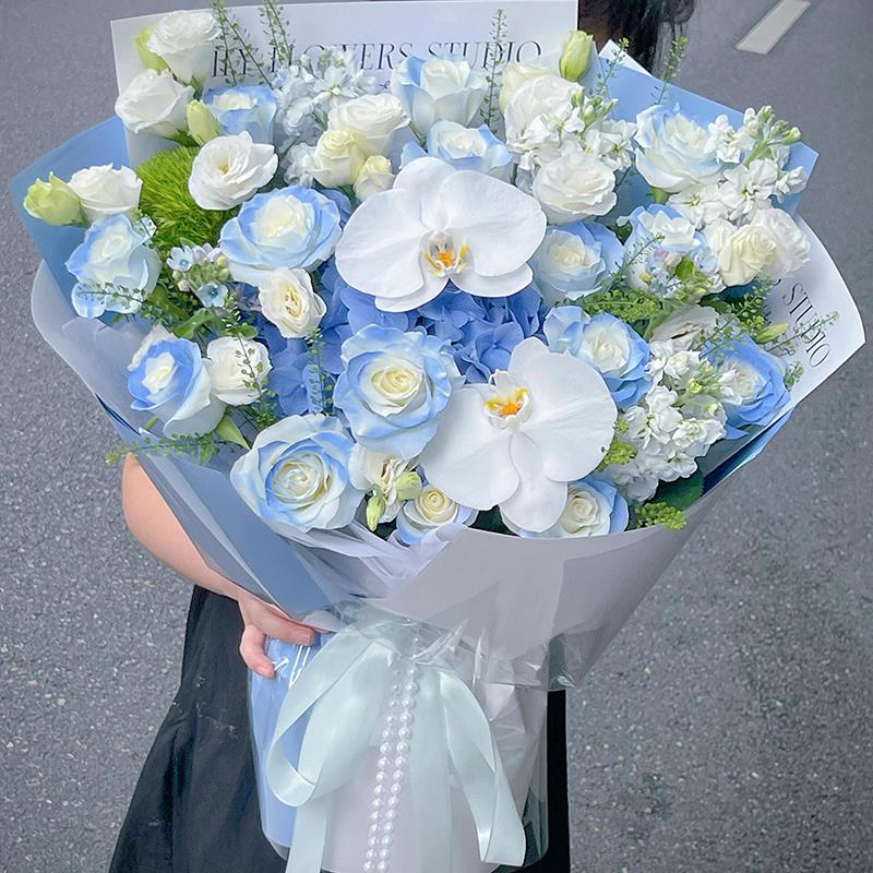 原创鲜花速递同城北京19朵碎冰蓝玫瑰花束花店白色龙胆生日配送花