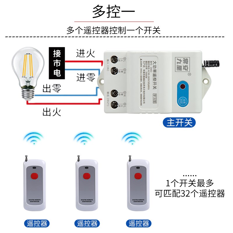 大功率免布线无线遥控开关多路电源灯控220V灯具免布线制一拖多控