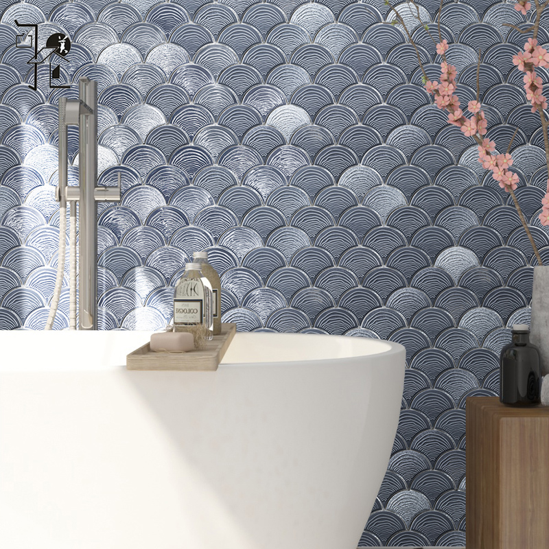 绿色扇形陶瓷鱼鳞马赛q克浴室化妆室瓷砖厨房阳台吧台装饰背景墙