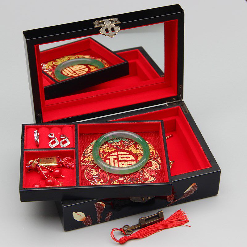 山西漆器首饰盒木质手饰品首饰收纳盒珠宝项链手镯木制收纳盒带锁