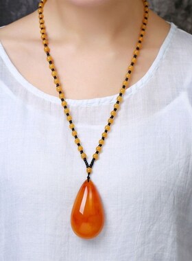 仿蜜蜡吊坠毛衣炼 链 长版水滴女民族风复古琥珀老蜡项链百搭