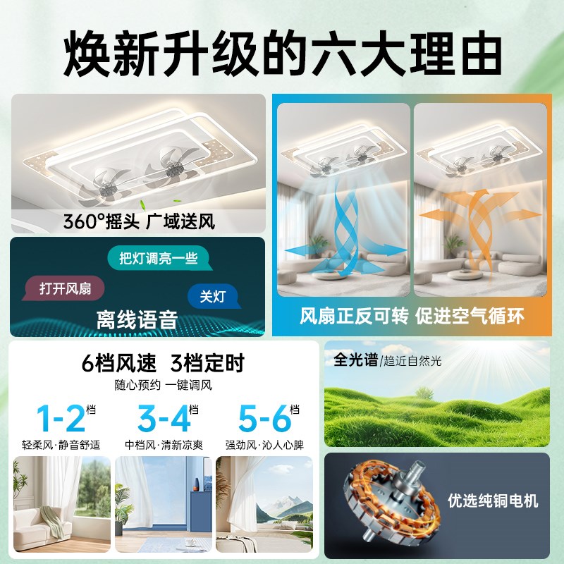 长城照明LED风扇灯360摇头吸顶灯现代简约客厅卧室书房吊扇灯具