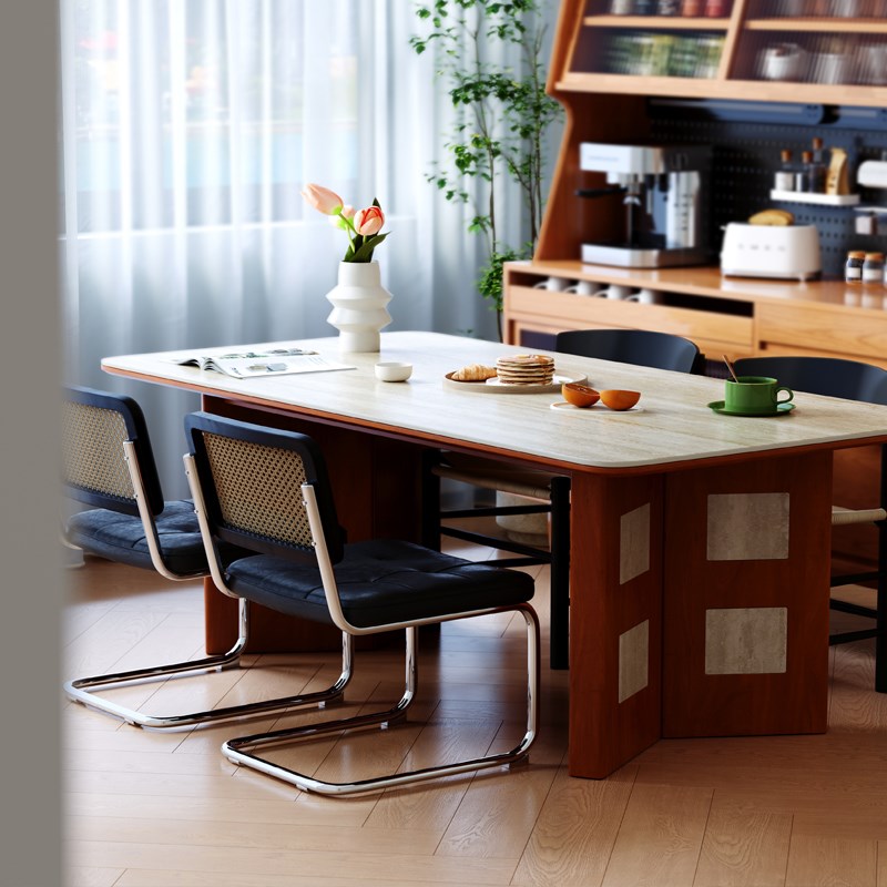 中古风洞石现代简约轻奢高级感岩板餐桌实木长方形家用小户型餐桌