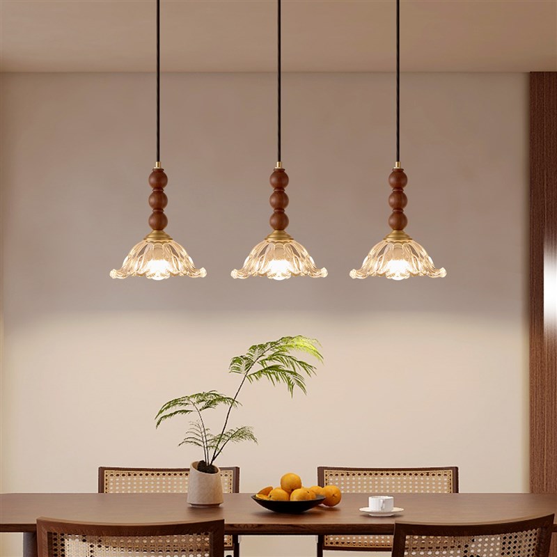 法式覆古饭厅吊灯三头中古风胡桃木长条餐桌吧台灯设计师款饭厅灯