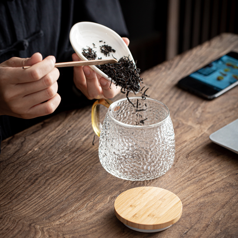 馨玉坊锤纹玻璃杯带盖家用茶水分离水杯带把泡茶办公室花茶杯子女