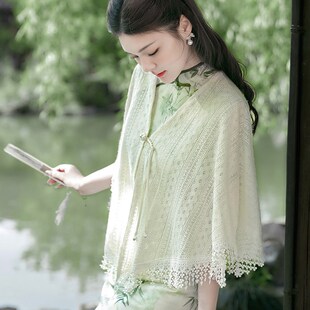 旗袍披肩女外搭镂空流苏时尚空调房办公室针织白色斗篷披风薄款夏