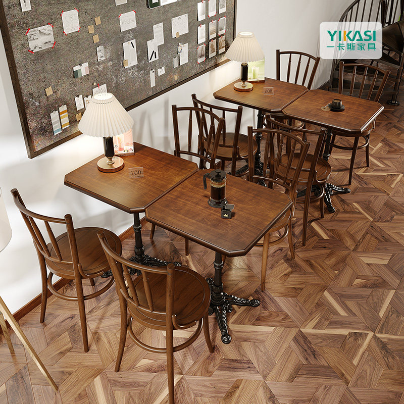 复古咖啡厅桌椅组合甜品烘焙店椅子奶茶店美式西餐厅实木桌子商用
