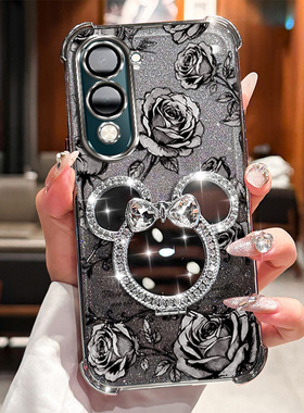 VIVOY04自带补妆镜玫瑰印花手机壳vivoy04米奇旋转支架全包防摔软边框防摔气囊设计闪粉渐变多巴胺色系闺蜜款