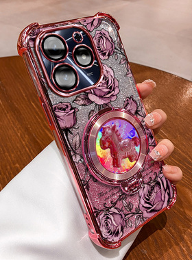 传音TecnoSpark10Pro+手机壳tecnospark10pro+玫瑰印花马上有钱支架新年款国风国潮全包电镀边框轻奢网红壳