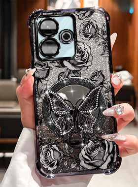 小米 POCOM6PLUS 手机壳 pocom6plus 高级感磁吸支架玫瑰印花带手链适用无线充电高透质感多色奢感高端防刮套