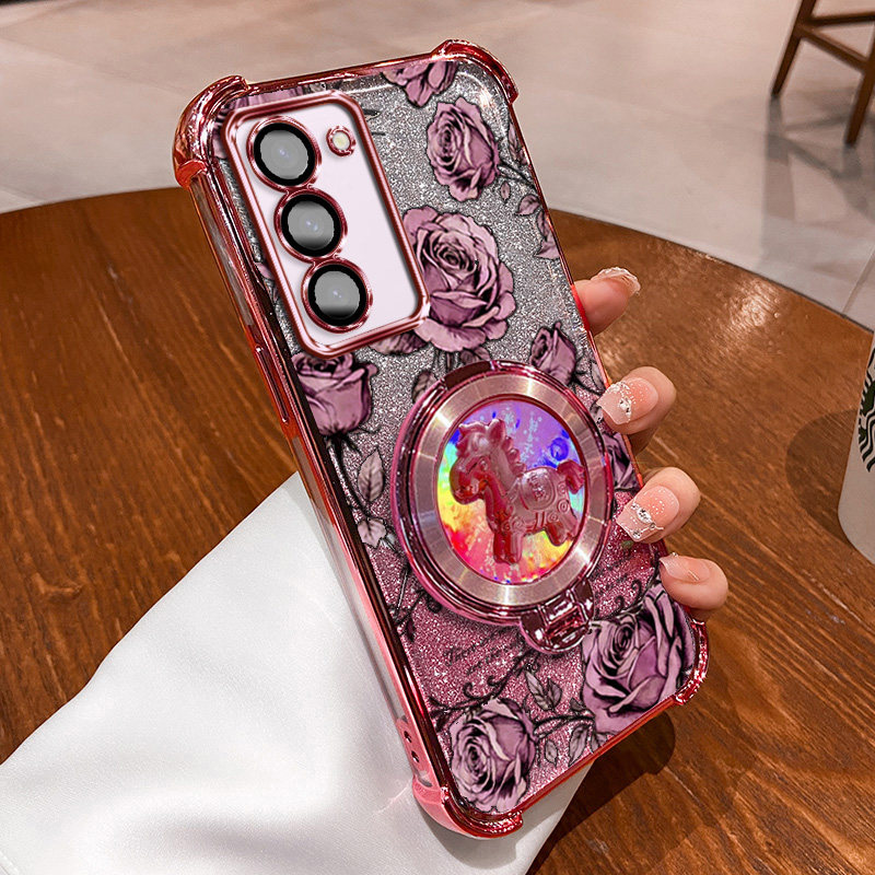 三星S24FE玫瑰印花旋转陀螺支架手机壳三星s24fe新年款国风国潮防摔气囊镜头全包按键精准闪粉渐变多巴胺色系,3C数码配件,手机保护套/壳,淘宝优惠券,粉丝福利购,淘宝优惠卷