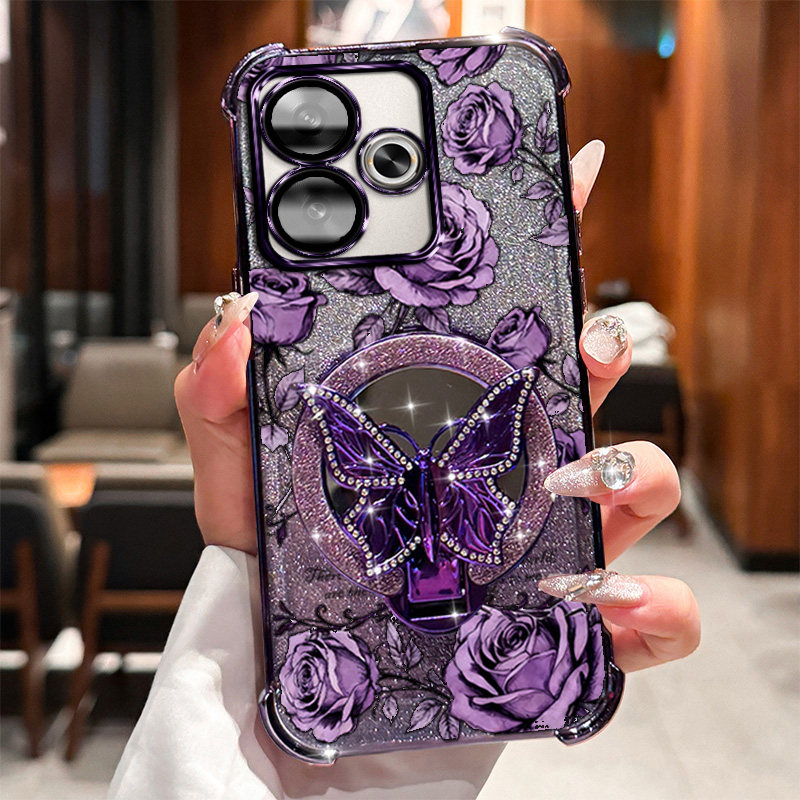 小米 Turbo3 手机壳XiaomiTurbo3高级感磁吸支架玫瑰印花带手链明星同款闪粉磁吸四角防摔气囊轻奢小众防刮壳