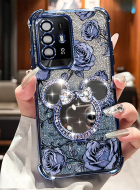 OPPOF19PRO+米奇旋转支架玫瑰印花手机壳oppof19pro+自带补妆镜防摔软边框防摔气囊镜头磨砂肤感小众不撞款