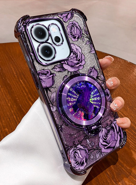 OPPOReno14F国外版手机壳reno14f海外版玫瑰印花旋转陀螺支架新年款国风国潮全包防摔软边框防摔网红镜头壳