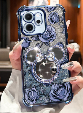 OPPOReno14F国外版手机壳reno14f海外版玫瑰印花米奇旋转支架自带补妆镜全包防摔软边框防摔气囊镜头电镀壳