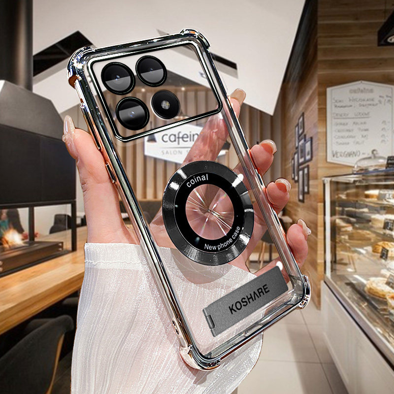 小米POCO X6PRO 5G国外版软硅胶全包保护套潮红米K70E国内手机气囊磁吸圈折叠支架保护套简约透明电镀