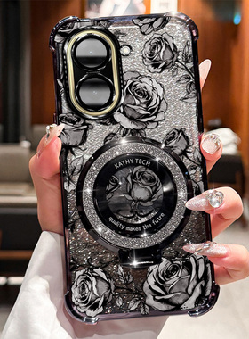 POCOC71简约电镀全包手机壳pococ71玫瑰印花防摔闪粉磁吸支架高级感ins风小众设计网红爆款防汗抗指纹保护壳